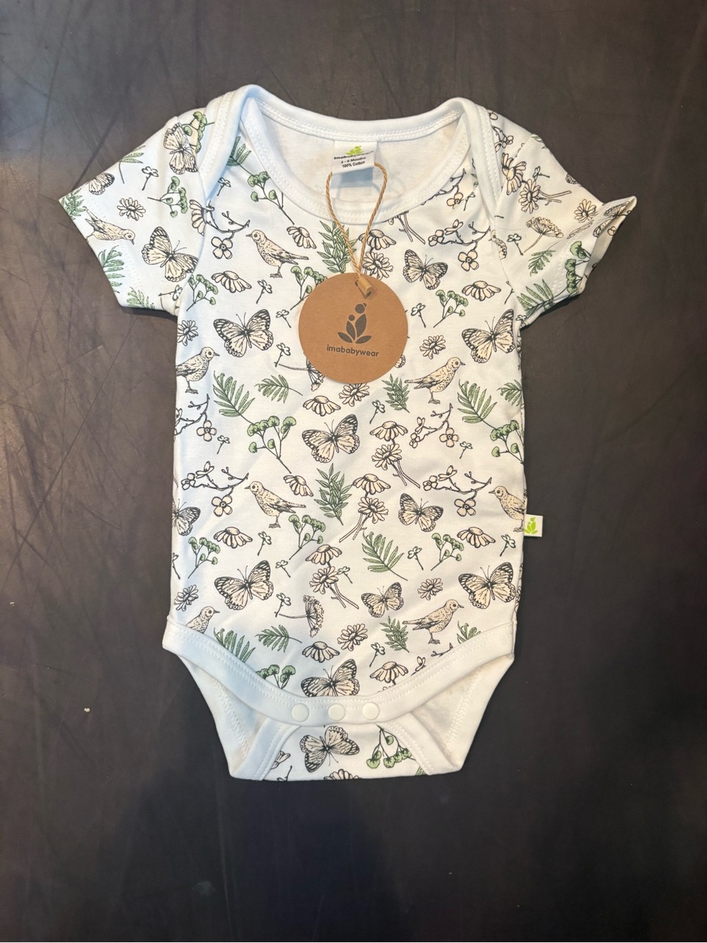 Bamboo Babywear White & Green Butterfly Bird Print Baby One-Piece